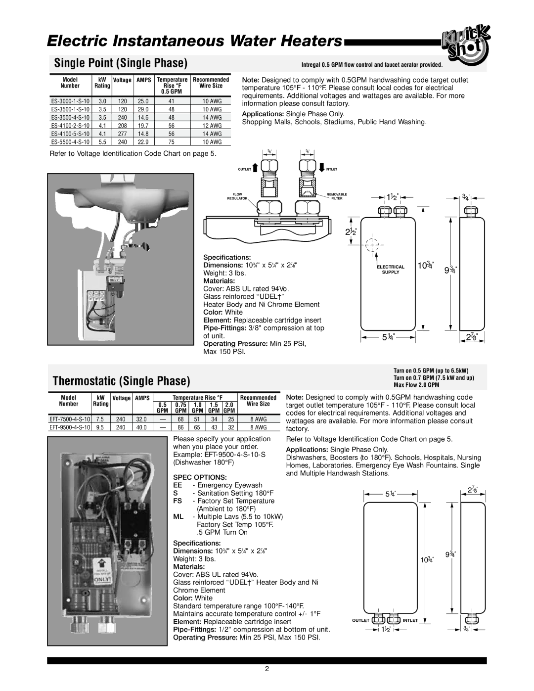 Bradford-White Corp ES-5500, ES-3500, ES-4100, ES-3000 warranty Single Point Single Phase, Spec Options 