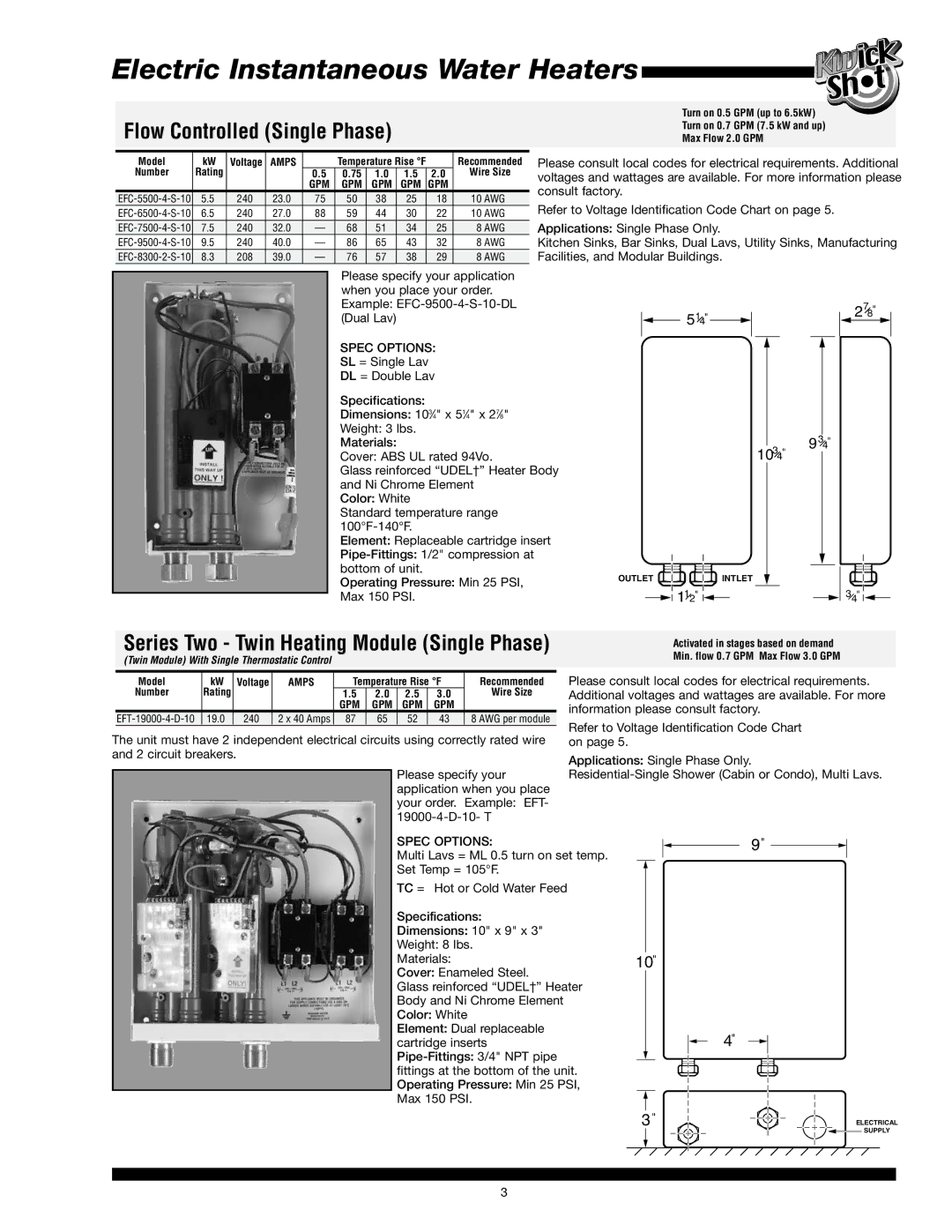 Bradford-White Corp ES-3000, ES-3500 Flow Controlled Single Phase, Twin Module With Single Thermostatic Control Model, 240 