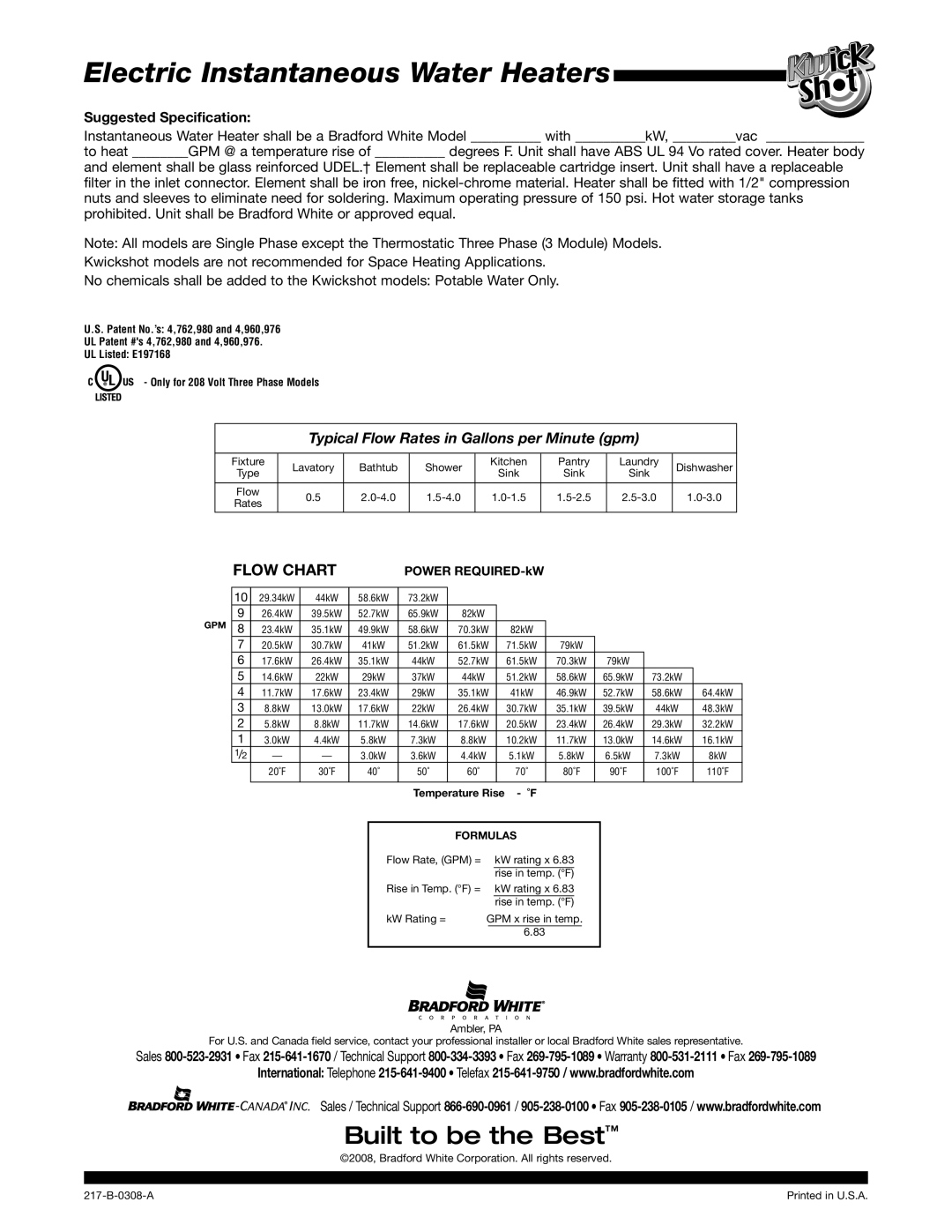 Bradford-White Corp ES-5500, ES-3500, ES-4100, ES-3000 warranty Typical Flow Rates in Gallons per Minute gpm 