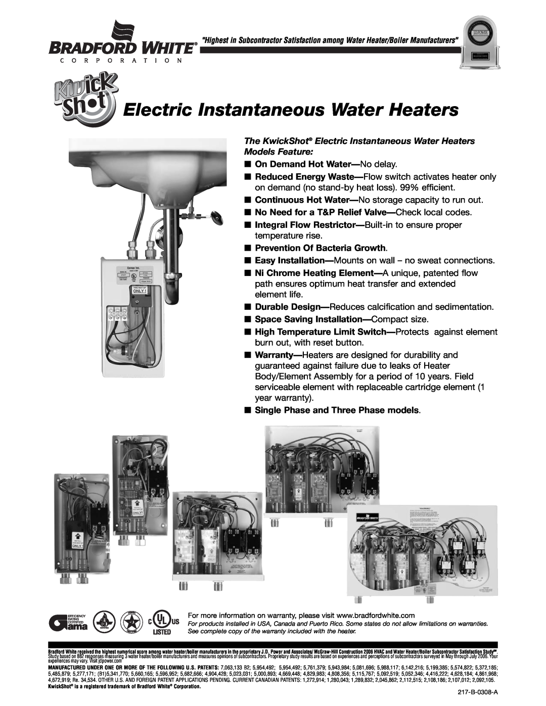 Bradford-White Corp ES-4100, ES-3500, ES-5500 warranty The KwickShot Electric Instantaneous Water Heaters Models Feature 