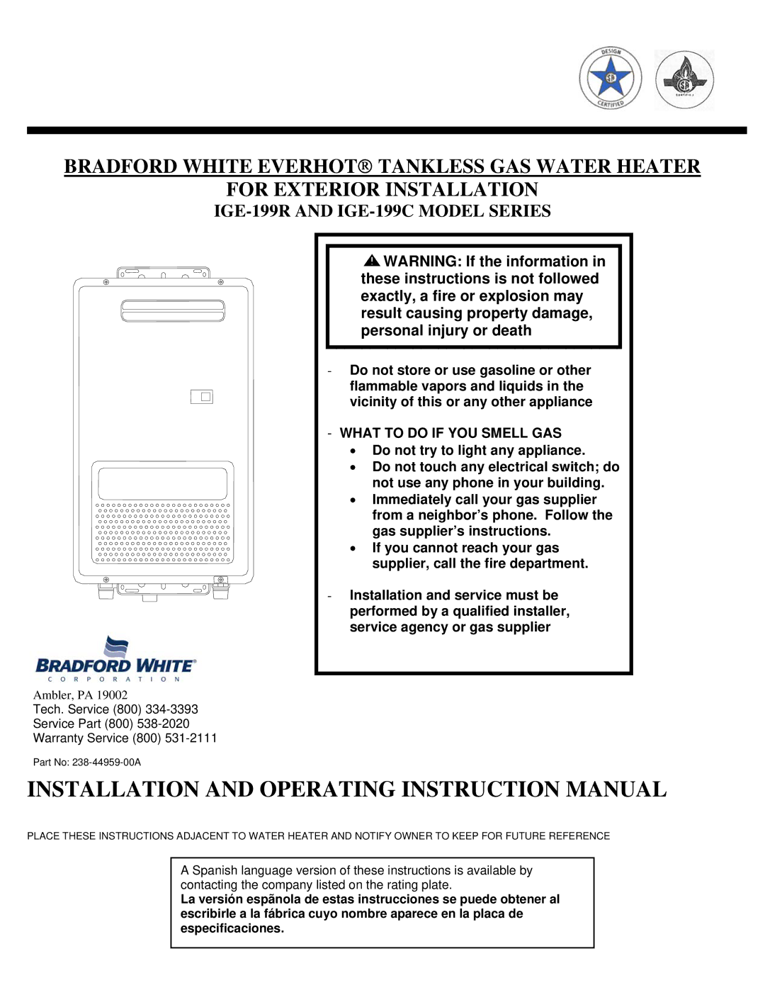 Bradford-White Corp instruction manual IGE-199R and IGE-199C Model Series 