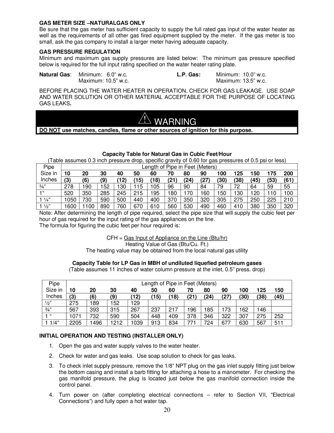 Bradford-White Corp IGE-199R, IGE-199C instruction manual GAS Meter Size -NATURALGAS only, GAS Pressure Regulation 