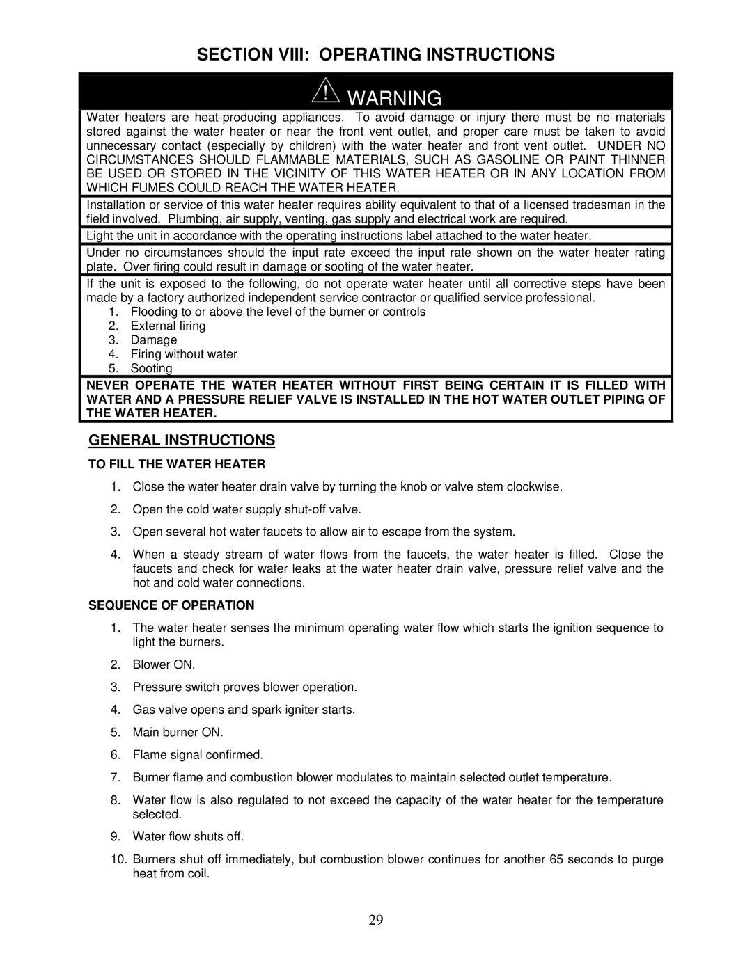 Bradford-White Corp IGE-199C Section Viii Operating Instructions, To Fill the Water Heater, Sequence of Operation 