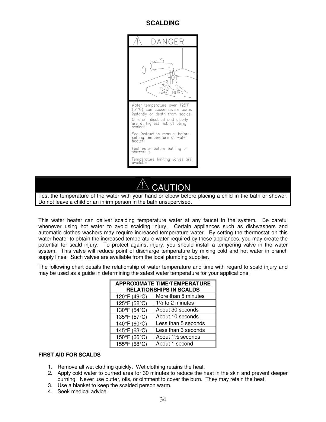 Bradford-White Corp IGE-199R, IGE-199C Approximate TIME/TEMPERATURE Relationships in Scalds, First AID for Scalds 