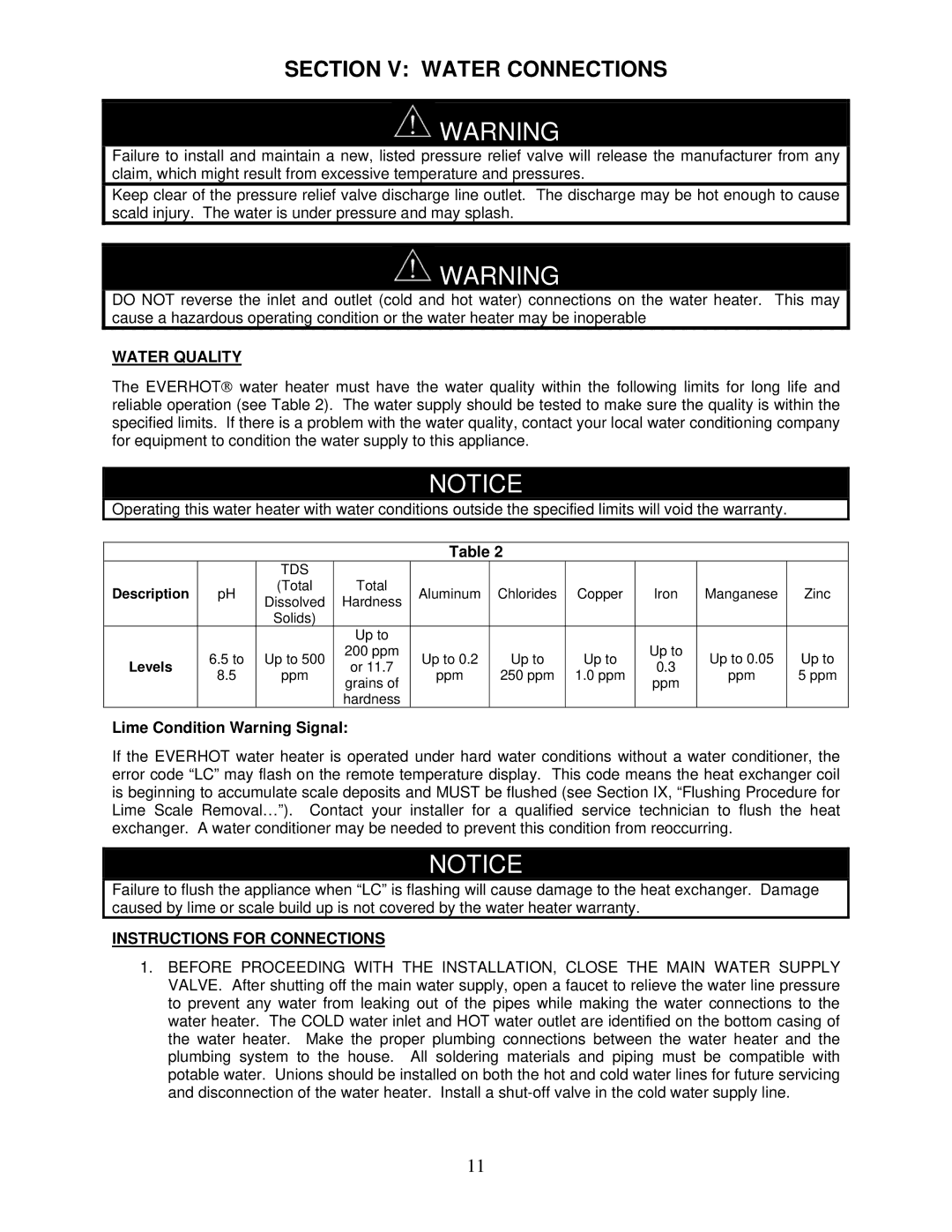 Bradford-White Corp IGE-199C Series Section V Water Connections, Water Quality, Lime Condition Warning Signal 