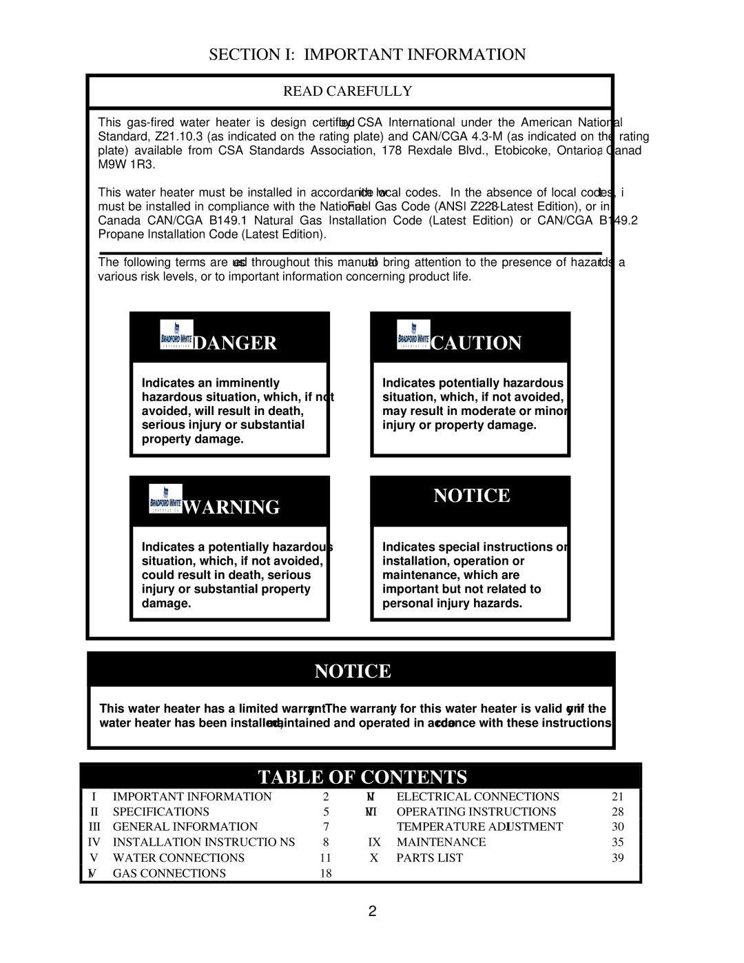 Bradford-White Corp IGE-199R Series, IGE-199C Series instruction manual Table of Contents 