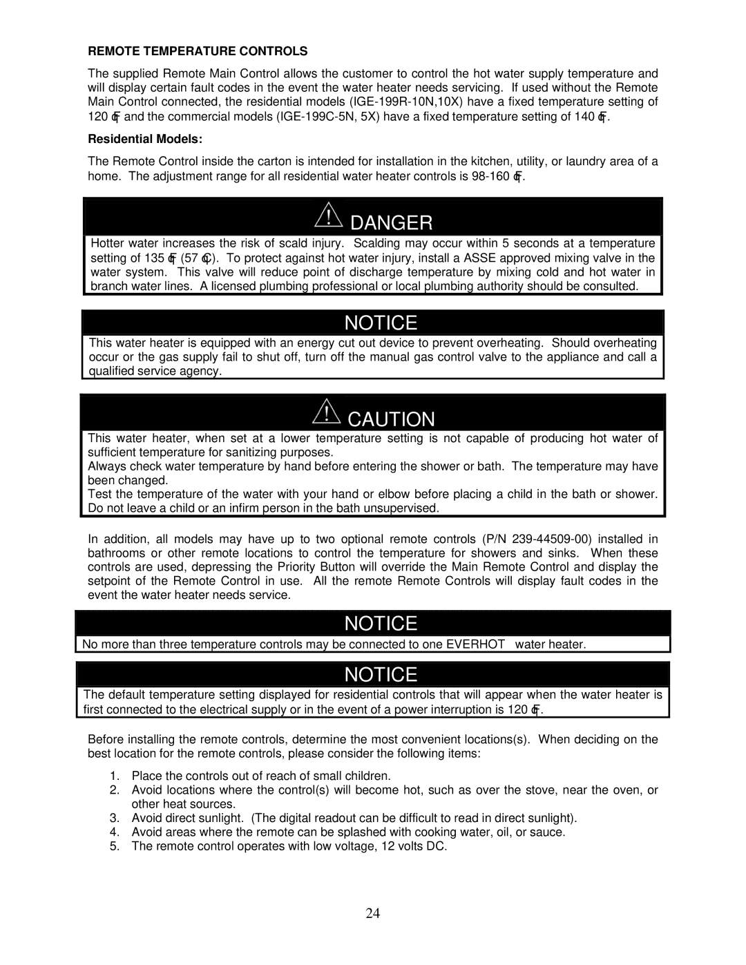 Bradford-White Corp IGE-199R Series, IGE-199C Series instruction manual Remote Temperature Controls, Residential Models 