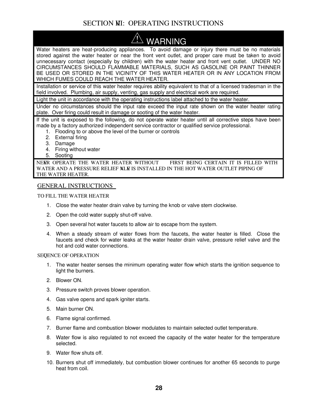 Bradford-White Corp IGE-199R Series Section Viii Operating Instructions, To Fill the Water Heater, Sequence of Operation 