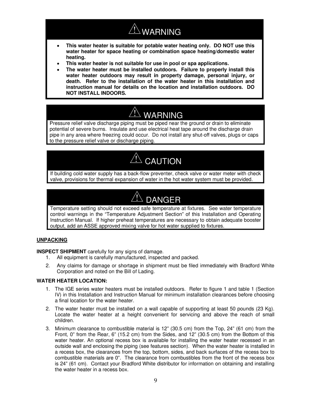 Bradford-White Corp IGE-199C Series, IGE-199R Series instruction manual Unpacking, Water Heater Location 