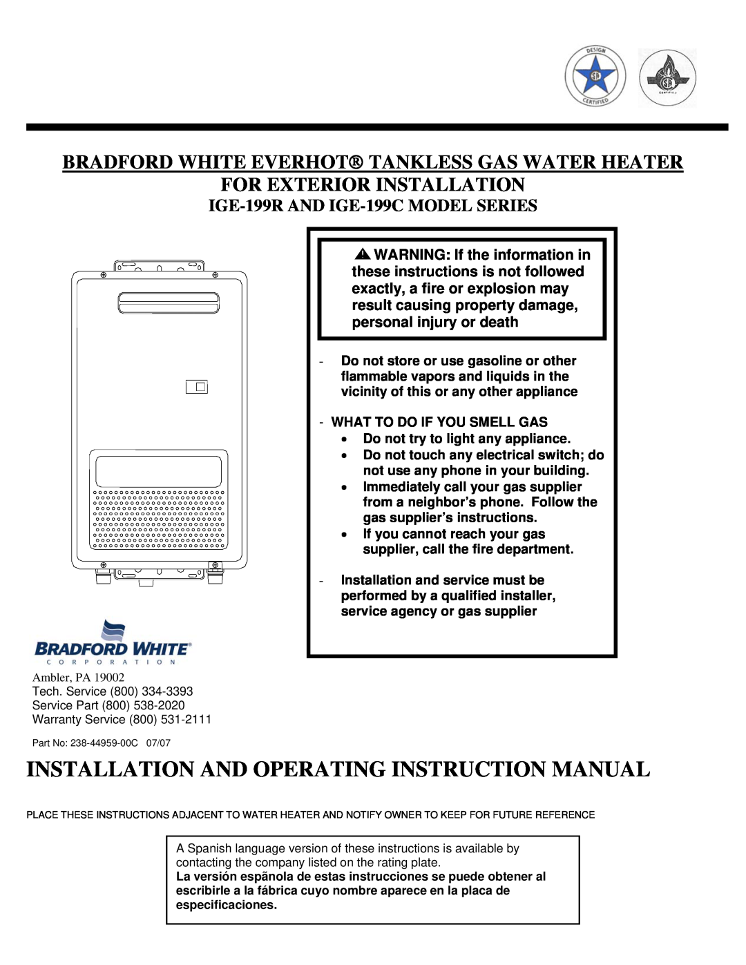 Bradford-White Corp IGE-199C Series, IGE-199R Series instruction manual Installation And Operating Instruction Manual 