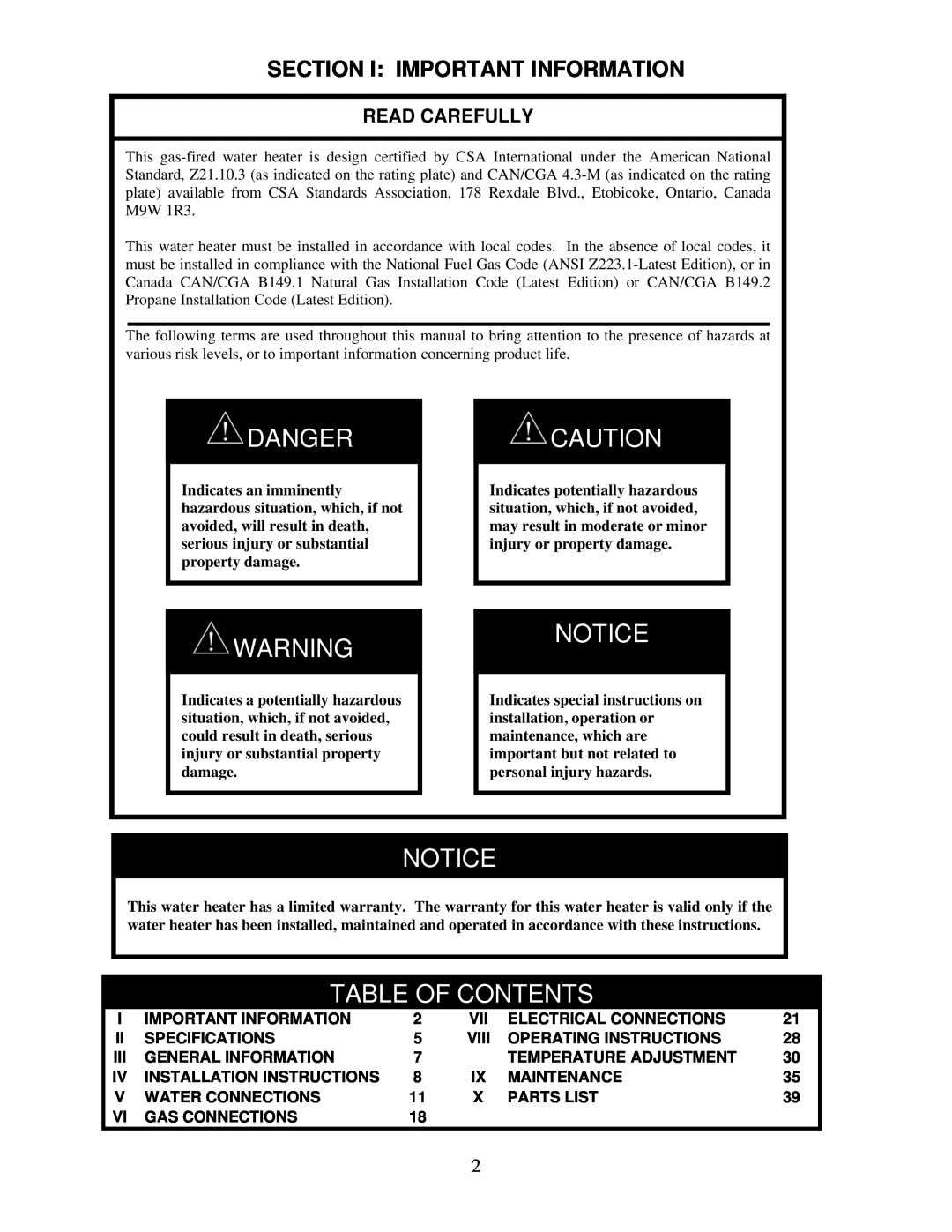 Bradford-White Corp IGE-199R Series Danger, Table Of Contents, Section I Important Information, Read Carefully, Parts List 