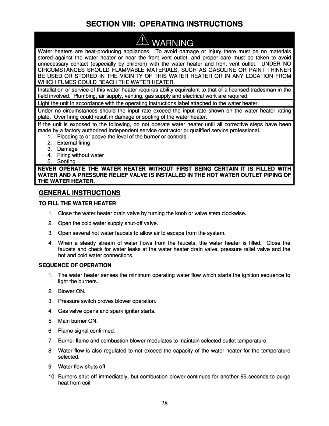 Bradford-White Corp IGE-199R Series Section Viii Operating Instructions, General Instructions, To Fill The Water Heater 