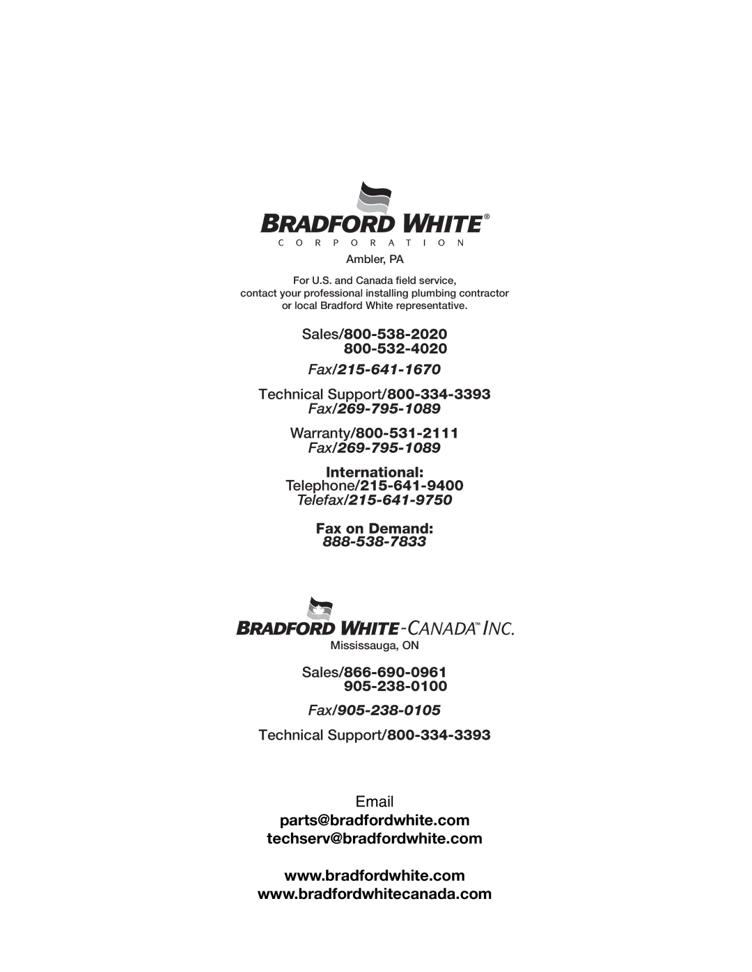 Bradford-White Corp IGI-1805, IGI-18510 dimensions Parts@bradfordwhite.com Techserv@bradfordwhite.com 