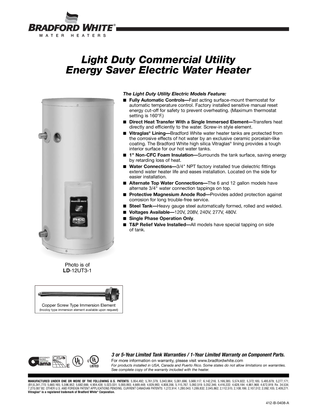 Bradford-White Corp LD-12UT3-1 warranty Light Duty Utility Electric Models Feature 