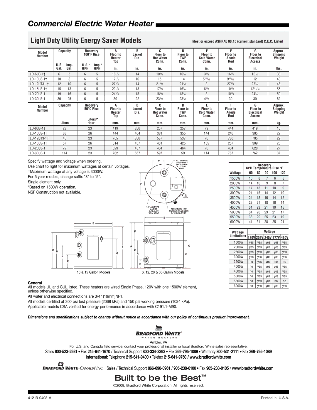 Bradford-White Corp LD-12UT3-1 warranty Commercial Electric Water Heater, Light Duty Utility Energy Saver Models, General 