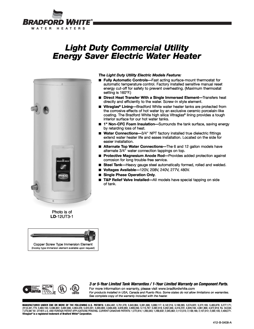 Bradford-White Corp LD-12UT3-1 warranty Light Duty Commercial Utility Energy Saver Electric Water Heater 