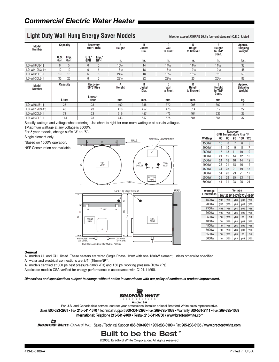 Bradford-White Corp LD-WH6U3-1 Commercial Electric Water Heater, Light Duty Wall Hung Energy Saver Models, General, Gph 