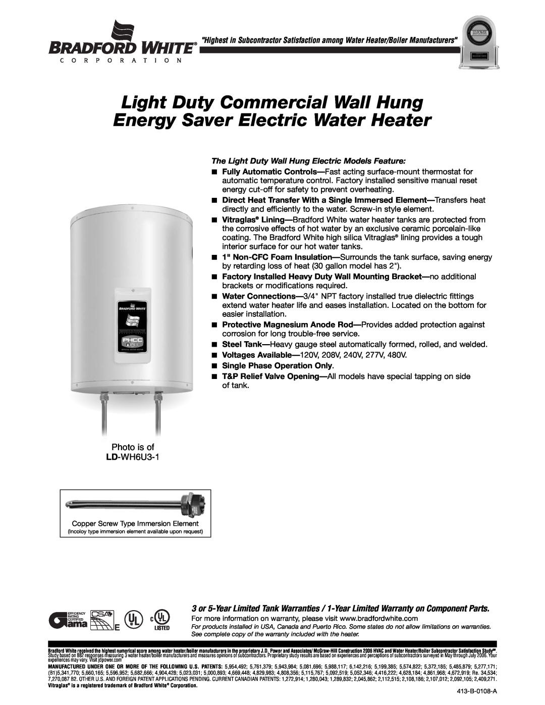 Bradford-White Corp LD-WH6U3-1 warranty Light Duty Commercial Wall Hung Energy Saver Electric Water Heater 