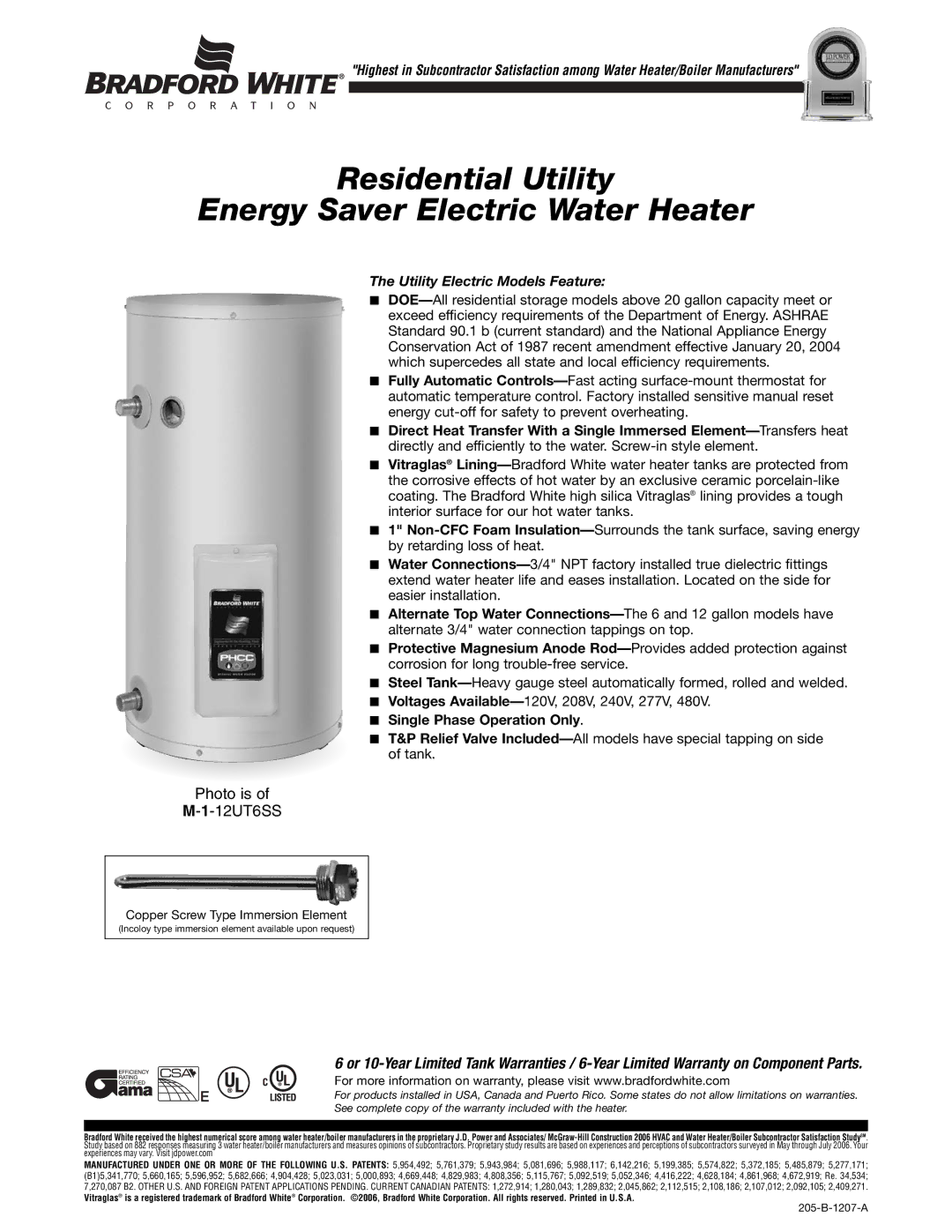 Bradford-White Corp M-1-12UT6SS warranty Residential Utility Energy Saver Electric Water Heater 