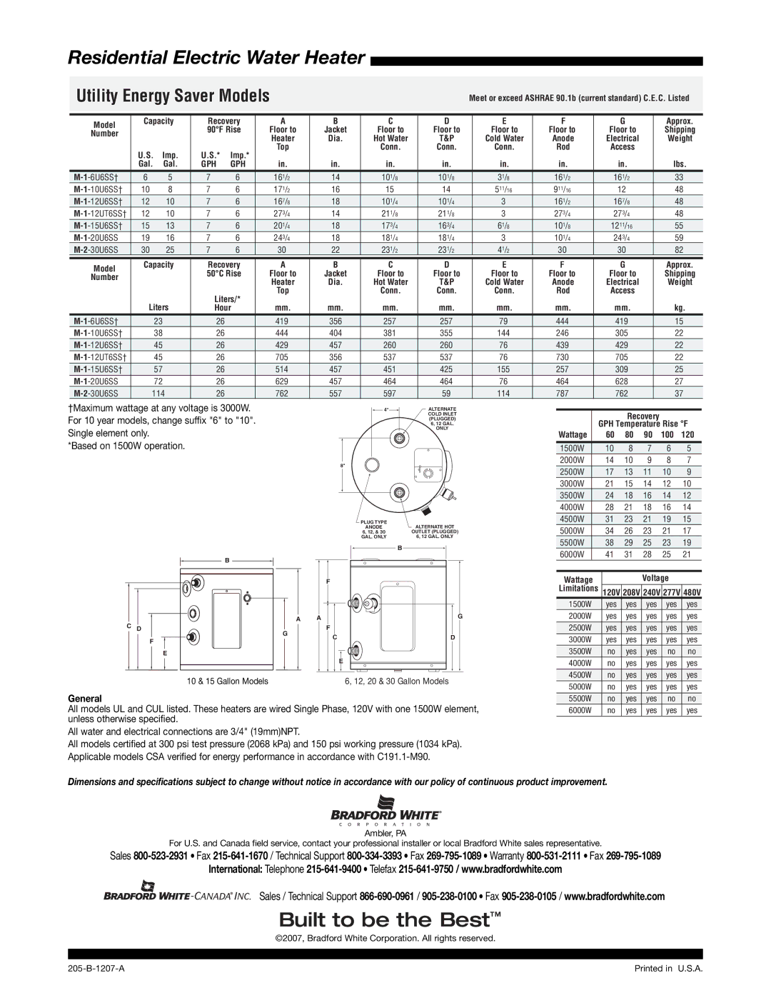 Bradford-White Corp M-1-12UT6SS warranty Residential Electric Water Heater, Utility Energy Saver Models, General, Gph 