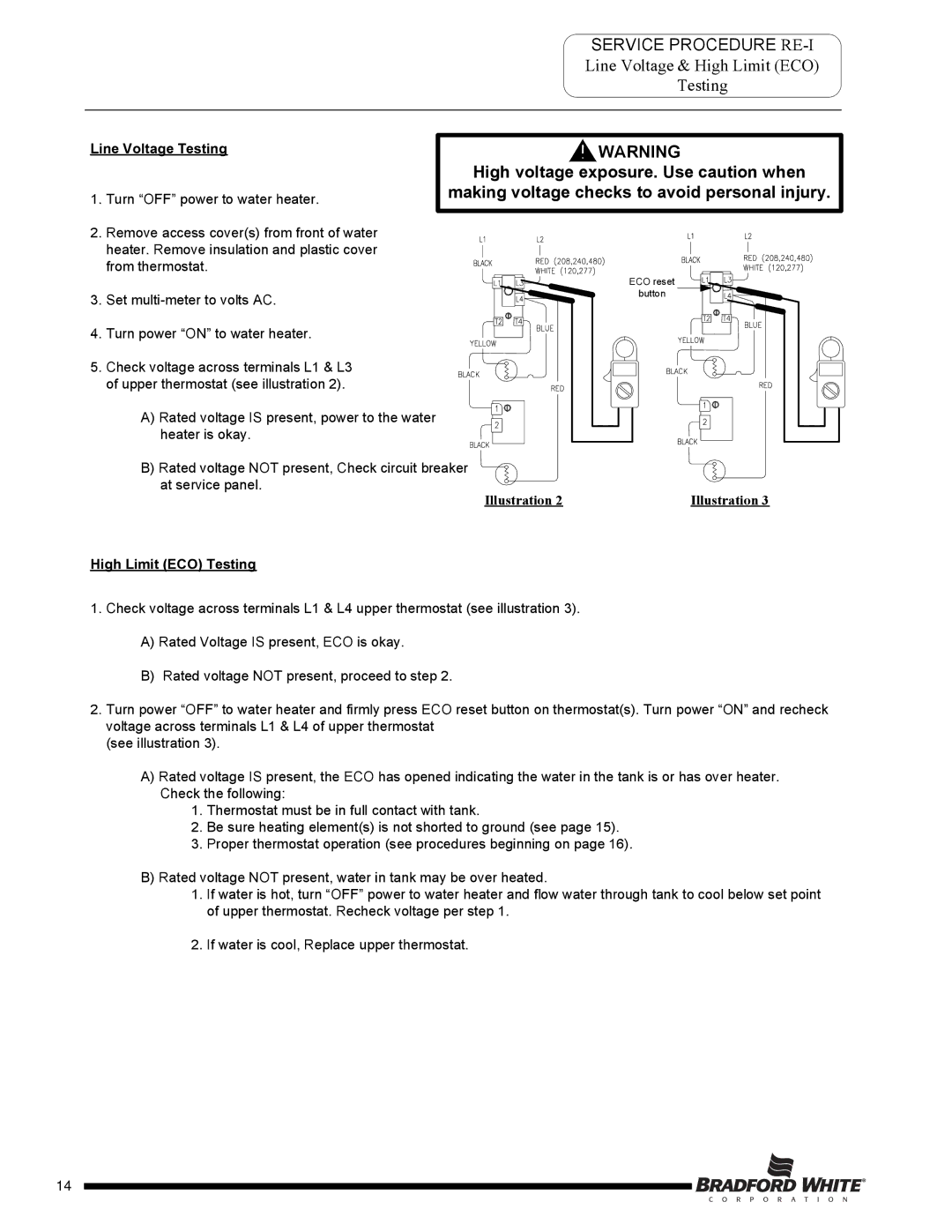 Bradford-White Corp M-2-50T6DS service manual Service Procedure RE-I, Line Voltage & High Limit ECO Testing 