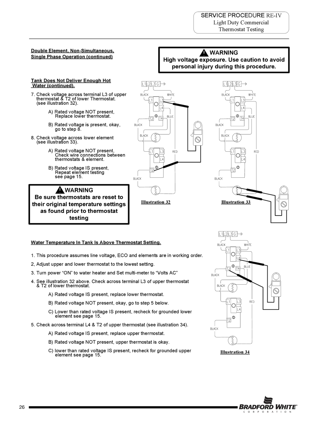 Bradford-White Corp M-2-50T6DS service manual Be sure thermostats are reset to 