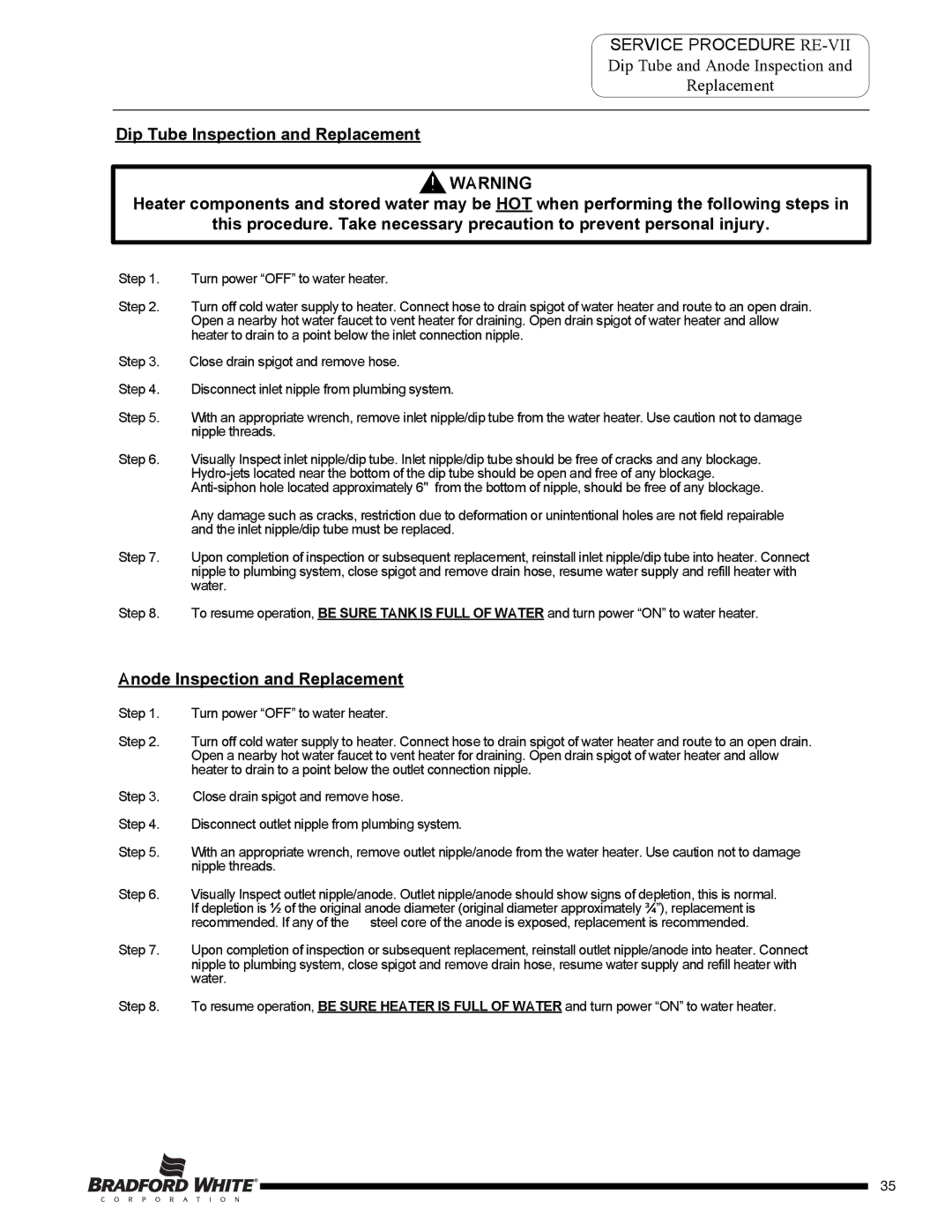 Bradford-White Corp M-2-50T6DS service manual Service Procedure RE-VII, Anode Inspection and Replacement 