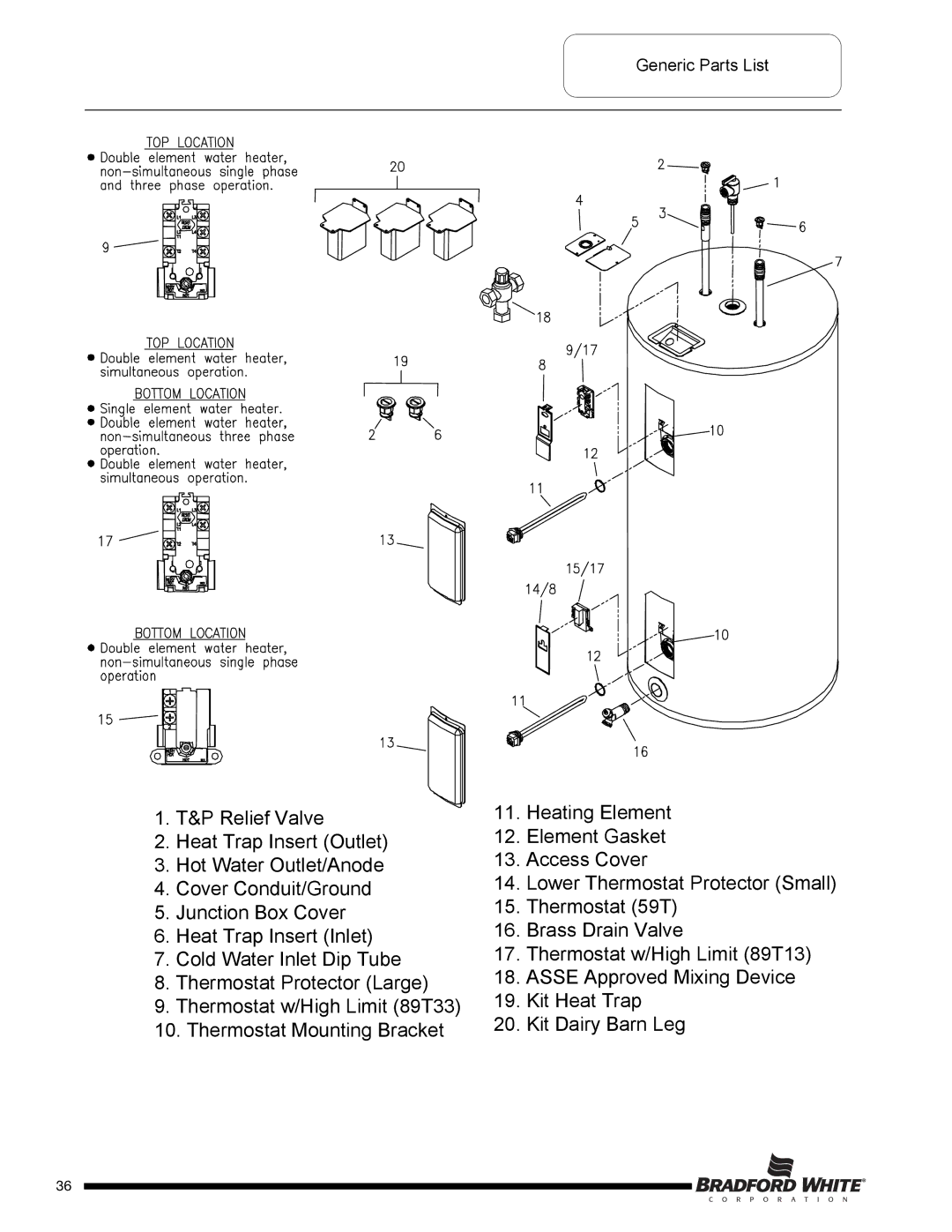 Bradford-White Corp M-2-50T6DS service manual Generic Parts List 