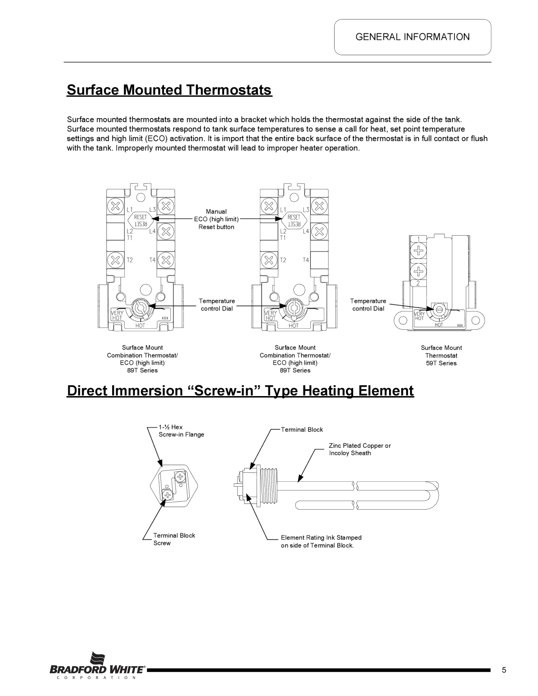 Bradford-White Corp M-2-50T6DS service manual Surface Mounted Thermostats 