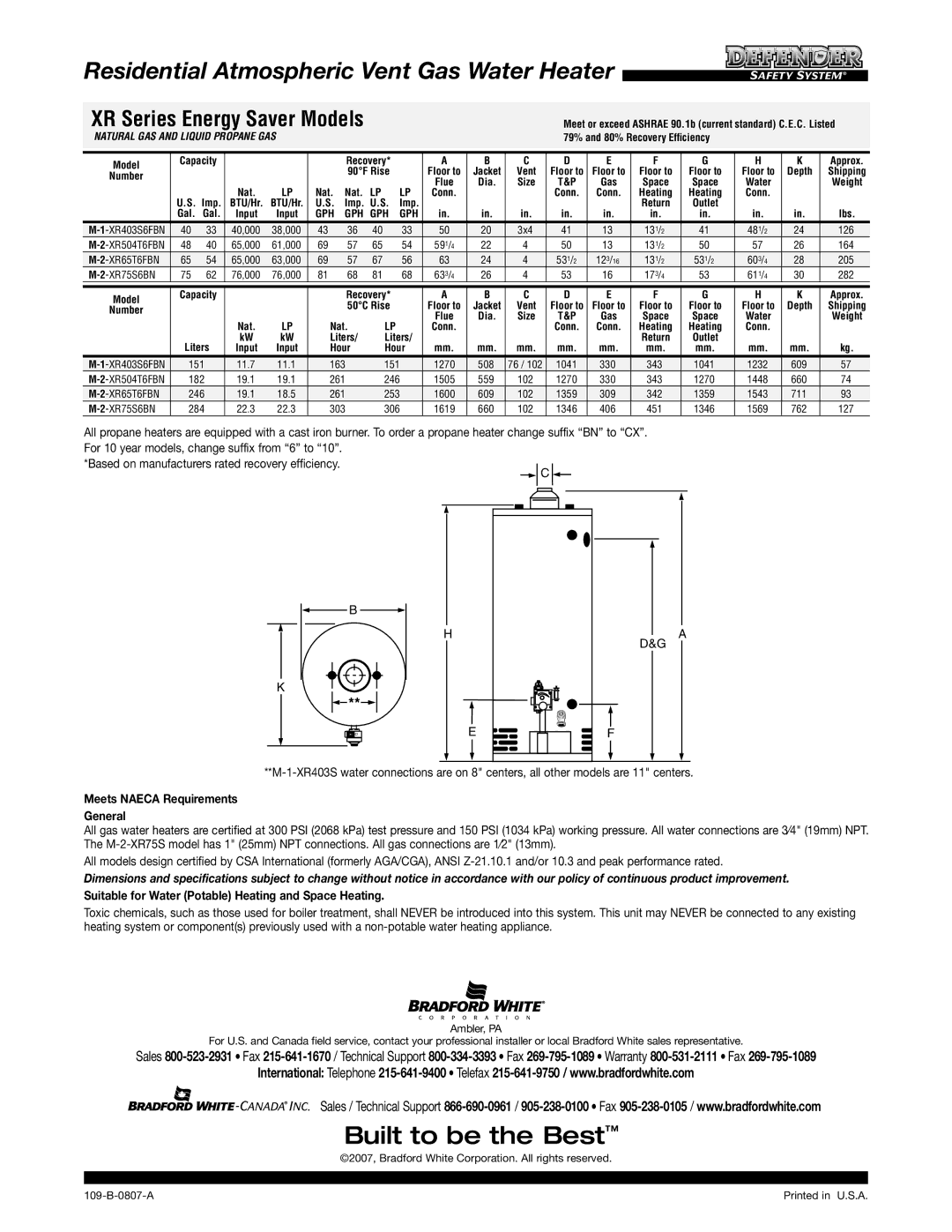 Bradford-White Corp M-2-XR75S warranty Residential Atmospheric Vent Gas Water Heater, XR Series Energy Saver Models, Gph 