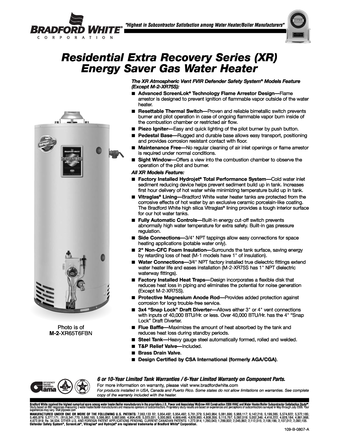 Bradford-White Corp M-2-XR75S warranty Residential Extra Recovery Series XR Energy Saver Gas Water Heater 