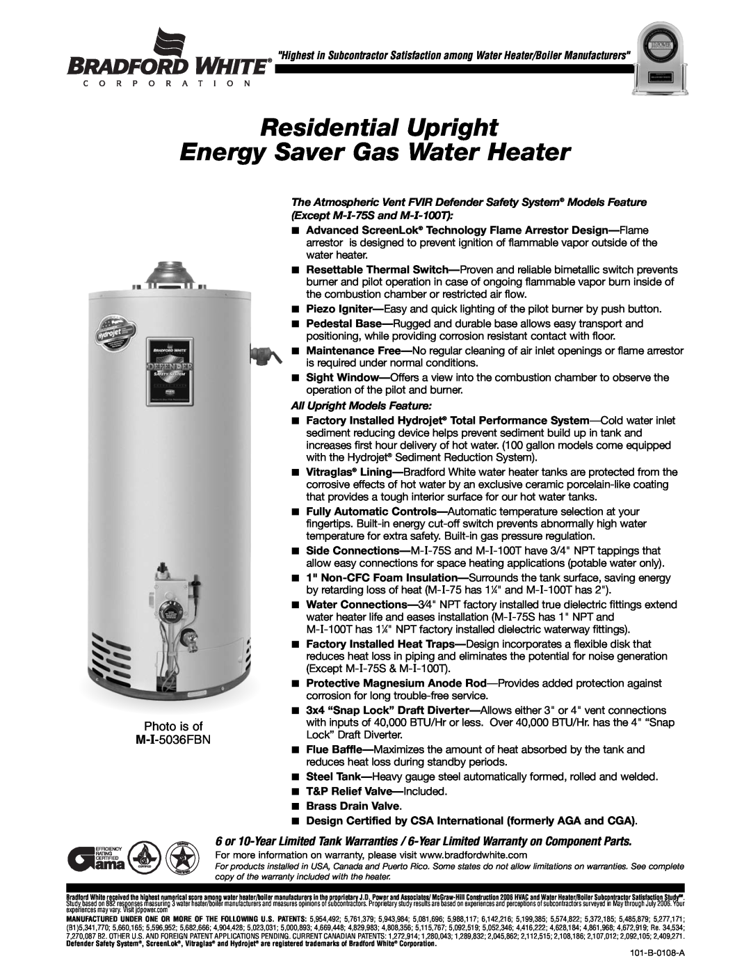 Bradford-White Corp warranty Residential Upright Energy Saver Gas Water Heater, Photo is of M-I-5036FBN 