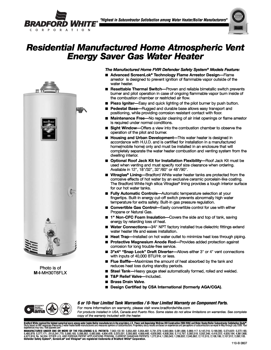 Bradford-White Corp M-I-MH30T6FLX warranty Residential Manufactured Home Atmospheric Vent, Energy Saver Gas Water Heater 