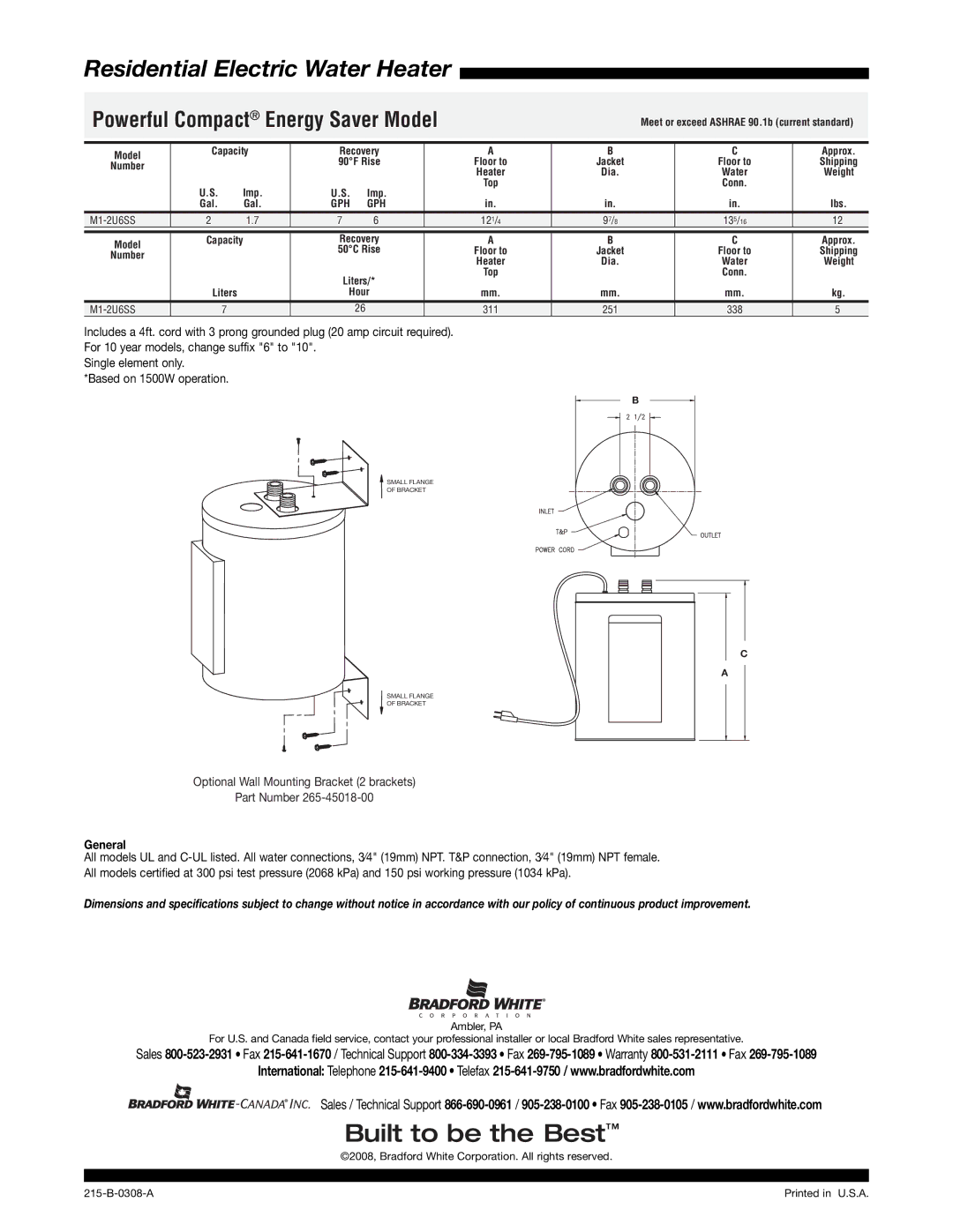 Bradford-White Corp M1-2U6SS warranty Residential Electric Water Heater, Powerful Compact Energy Saver Model, General 