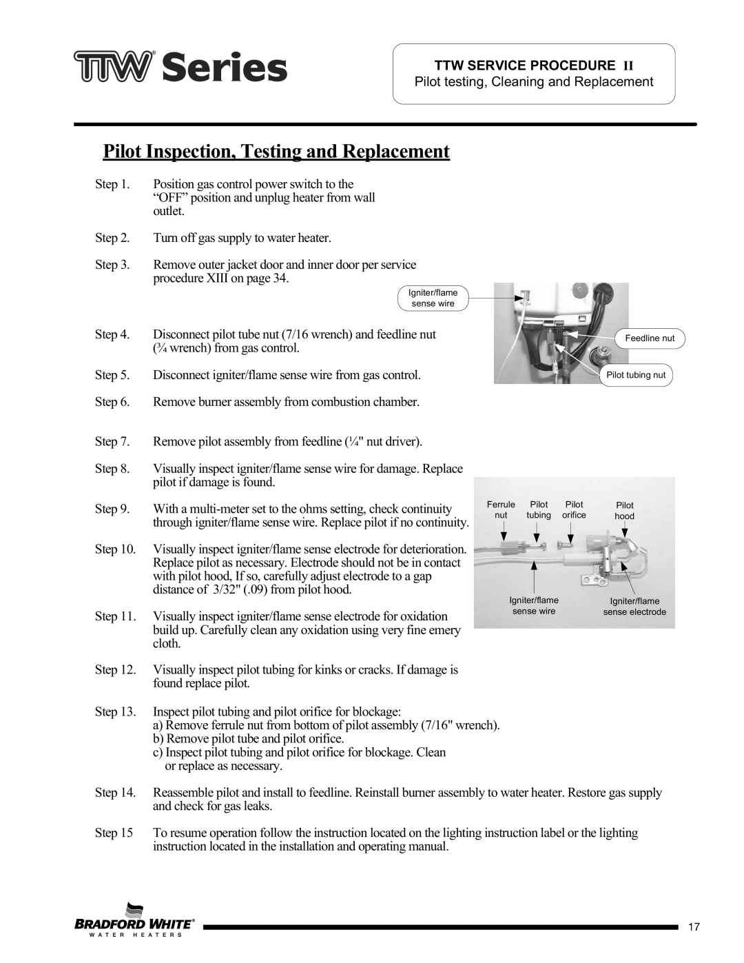 Bradford-White Corp TW465S65F, M4TW60T*F, M2TW50T*F, M4TW50T*F, M2TW65T*F, M1TW40S*F Pilot Inspection, Testing and Replacement 