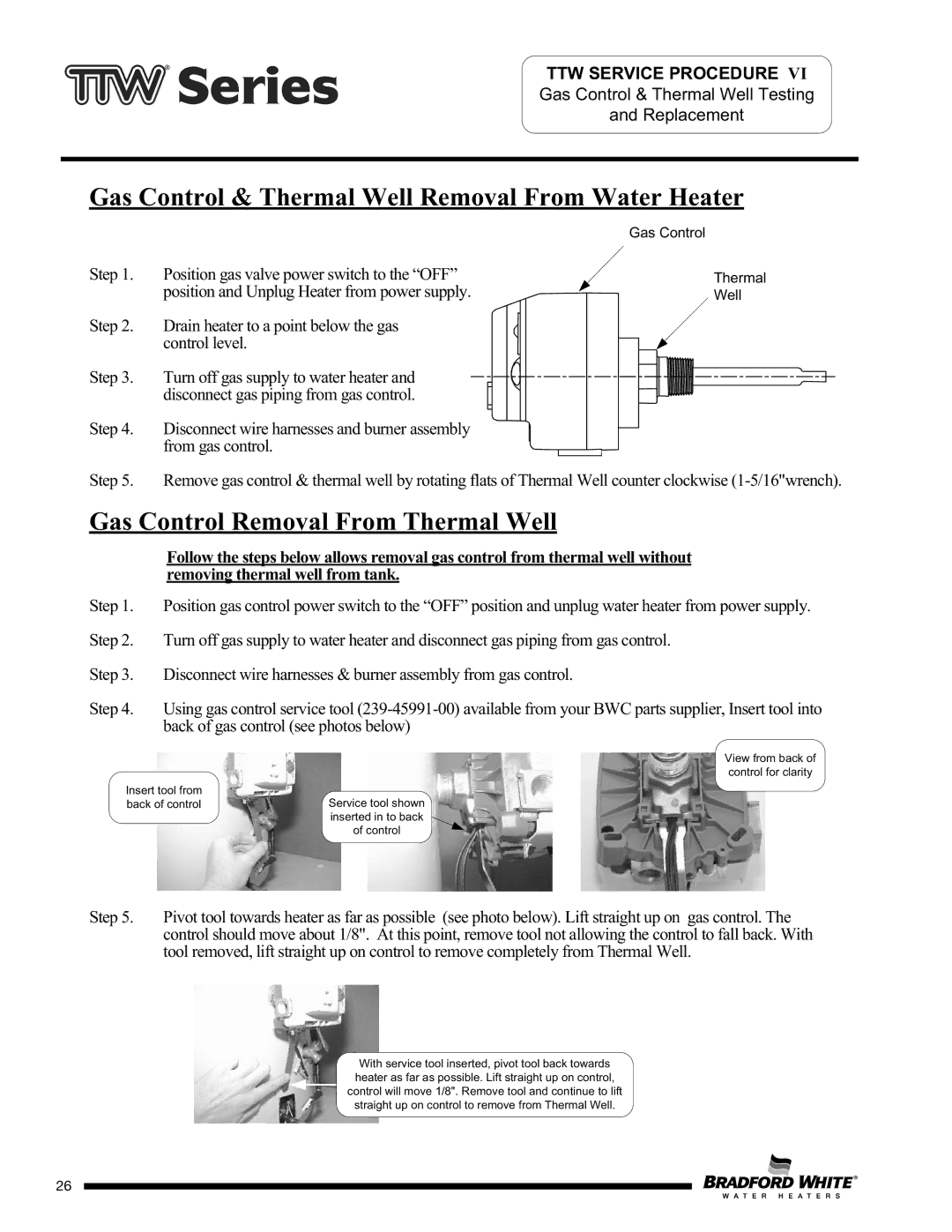 Bradford-White Corp TW450S65F Gas Control & Thermal Well Removal From Water Heater, Gas Control Removal From Thermal Well 