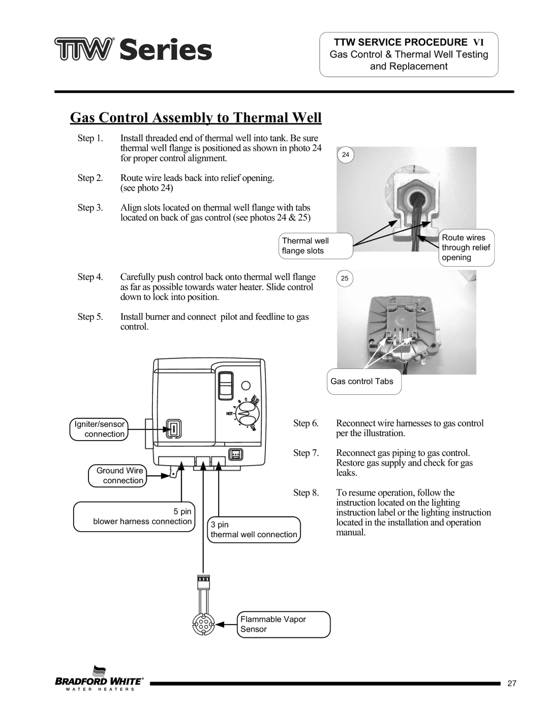 Bradford-White Corp TW465S65F, M4TW60T*F, M2TW50T*F, M4TW50T*F, M2TW65T*F, M1TW40S*F Gas Control Assembly to Thermal Well 