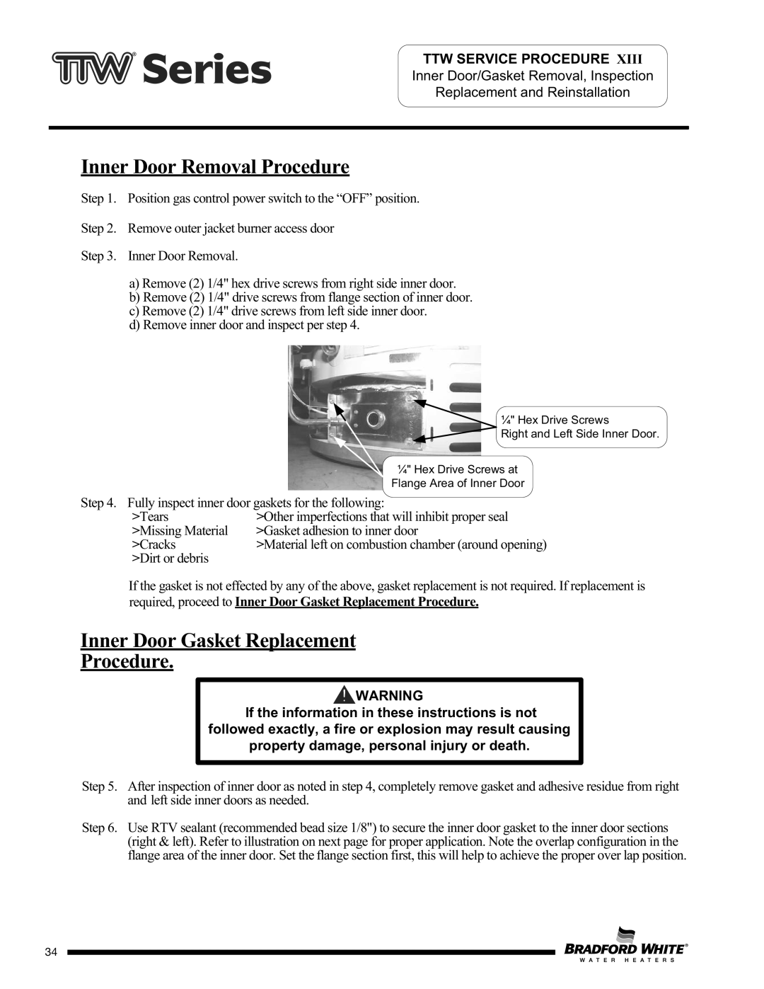 Bradford-White Corp M1TW40S*F, M4TW60T*F, M2TW50T*F Inner Door Removal Procedure, Inner Door Gasket Replacement Procedure 