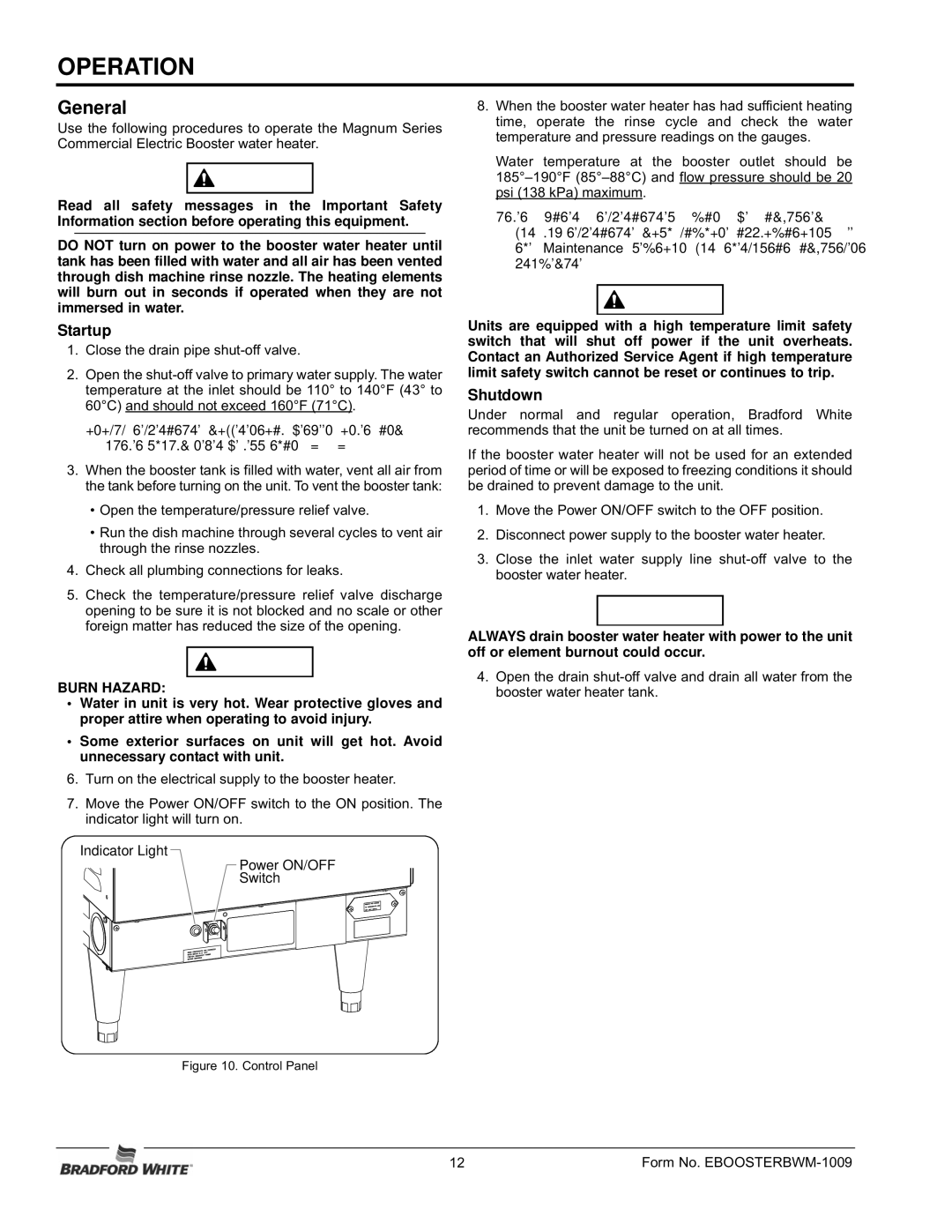 Bradford-White Corp 07.05.228.00, MAGNUM Series Commercial Electric Booster manual Operation, Startup, Shutdown, Burn Hazard 