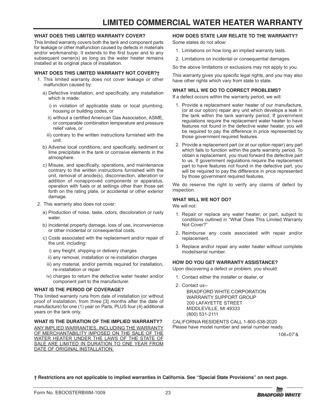 Bradford-White Corp MAGNUM Series Commercial Electric Booster, 07.05.228.00 manual Limited Commercial Water Heater Warranty 