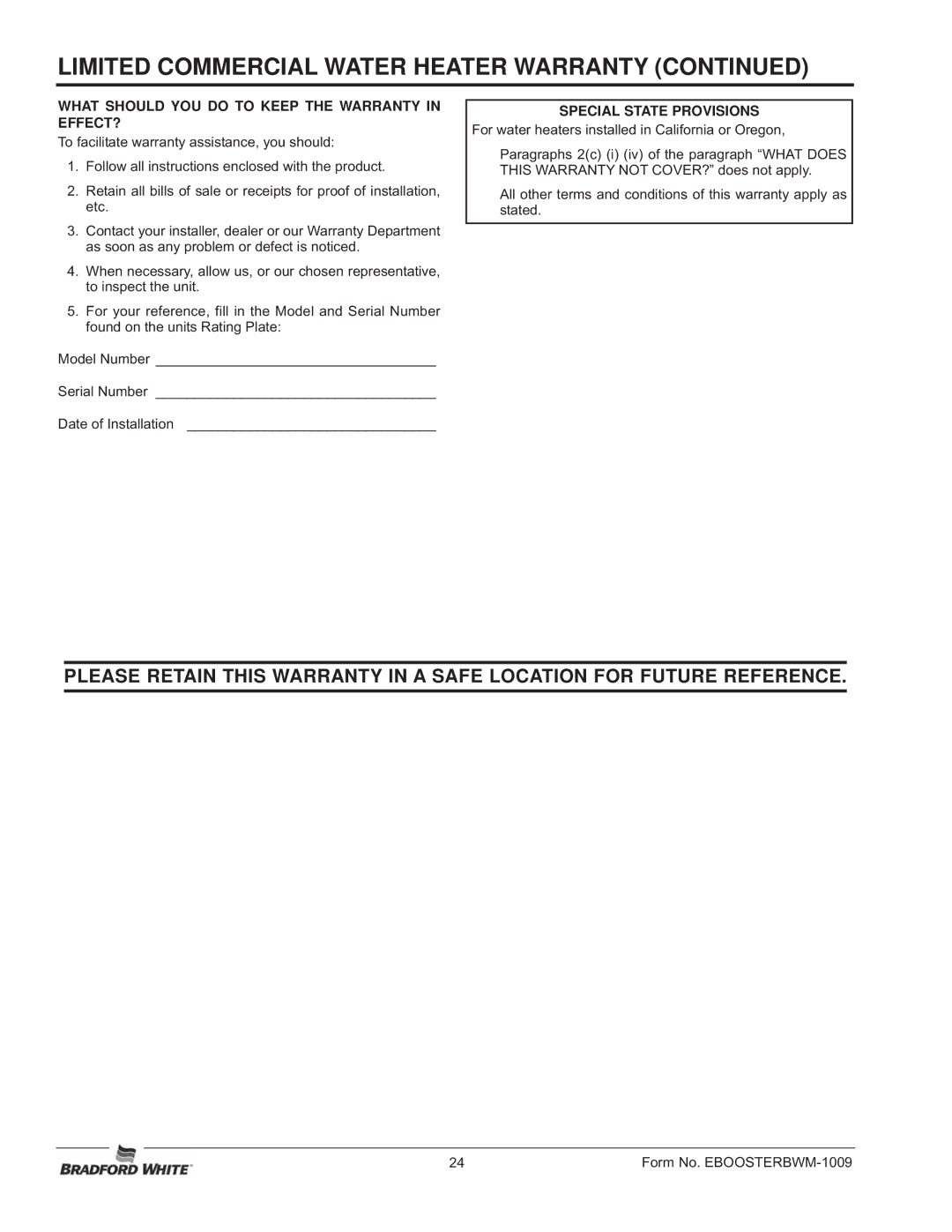 Bradford-White Corp 07.05.228.00 manual What should YOU do to Keep the Warranty in EFFECT? 