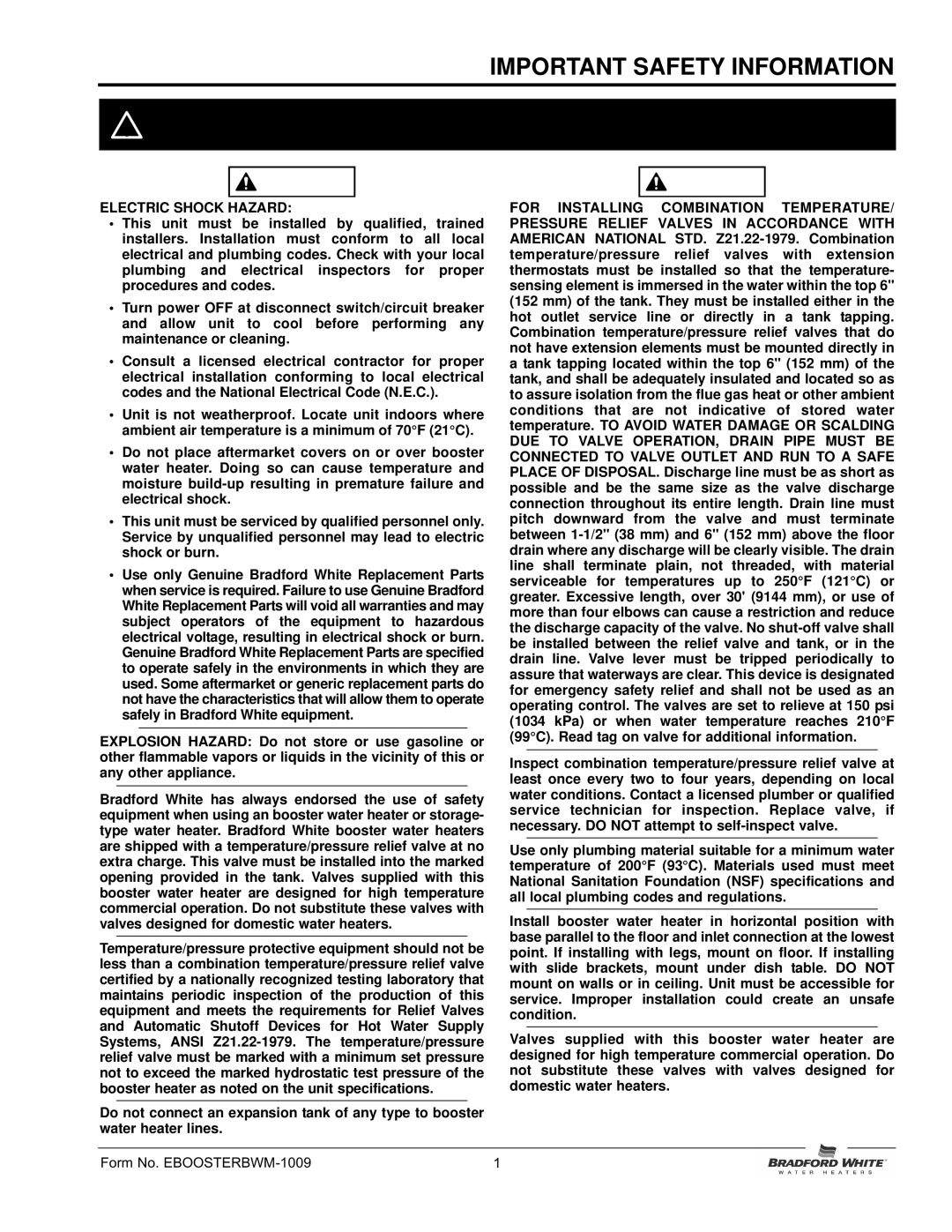 Bradford-White Corp MAGNUM Series Commercial Electric Booster manual Important Safety Information, Electric Shock Hazard 