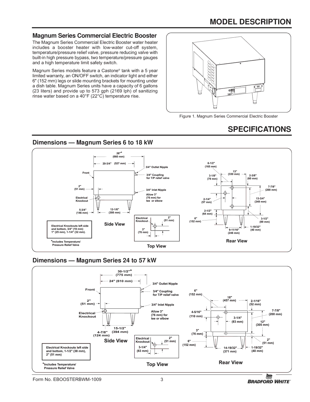 Bradford-White Corp MAGNUM Series Commercial Electric Booster, 07.05.228.00 manual Model Description, Specifications 