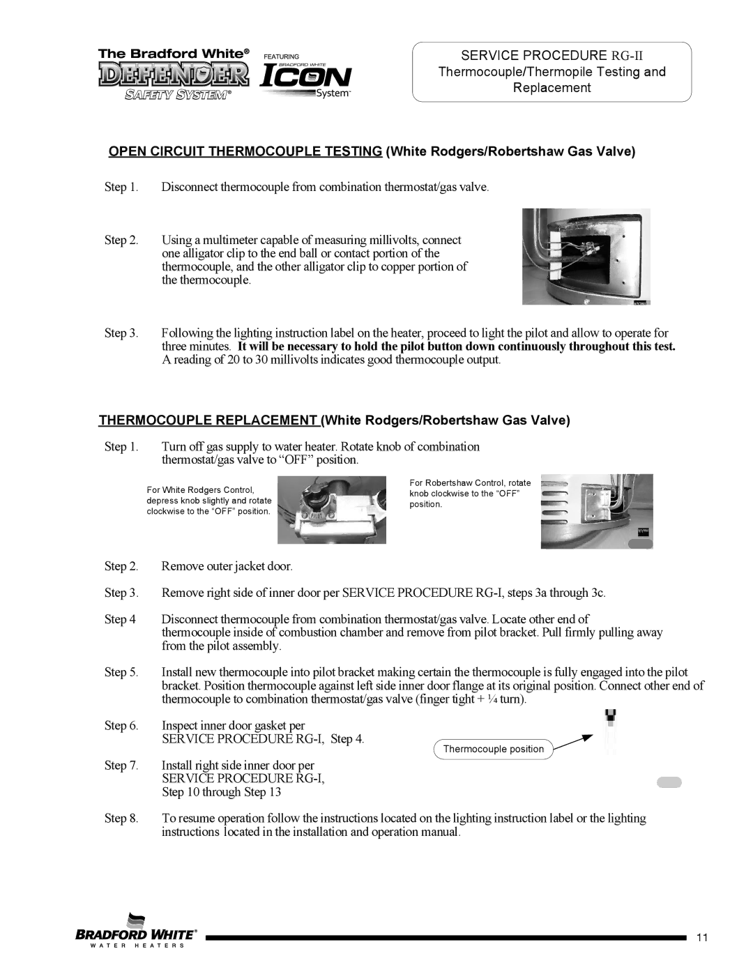 Bradford-White Corp MI30T*F service manual Thermocouple Replacement White Rodgers/Robertshaw Gas Valve 