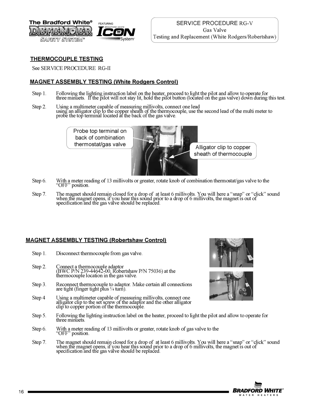 Bradford-White Corp MI30T*F service manual Thermocouple Testing, Magnet Assembly Testing White Rodgers Control 