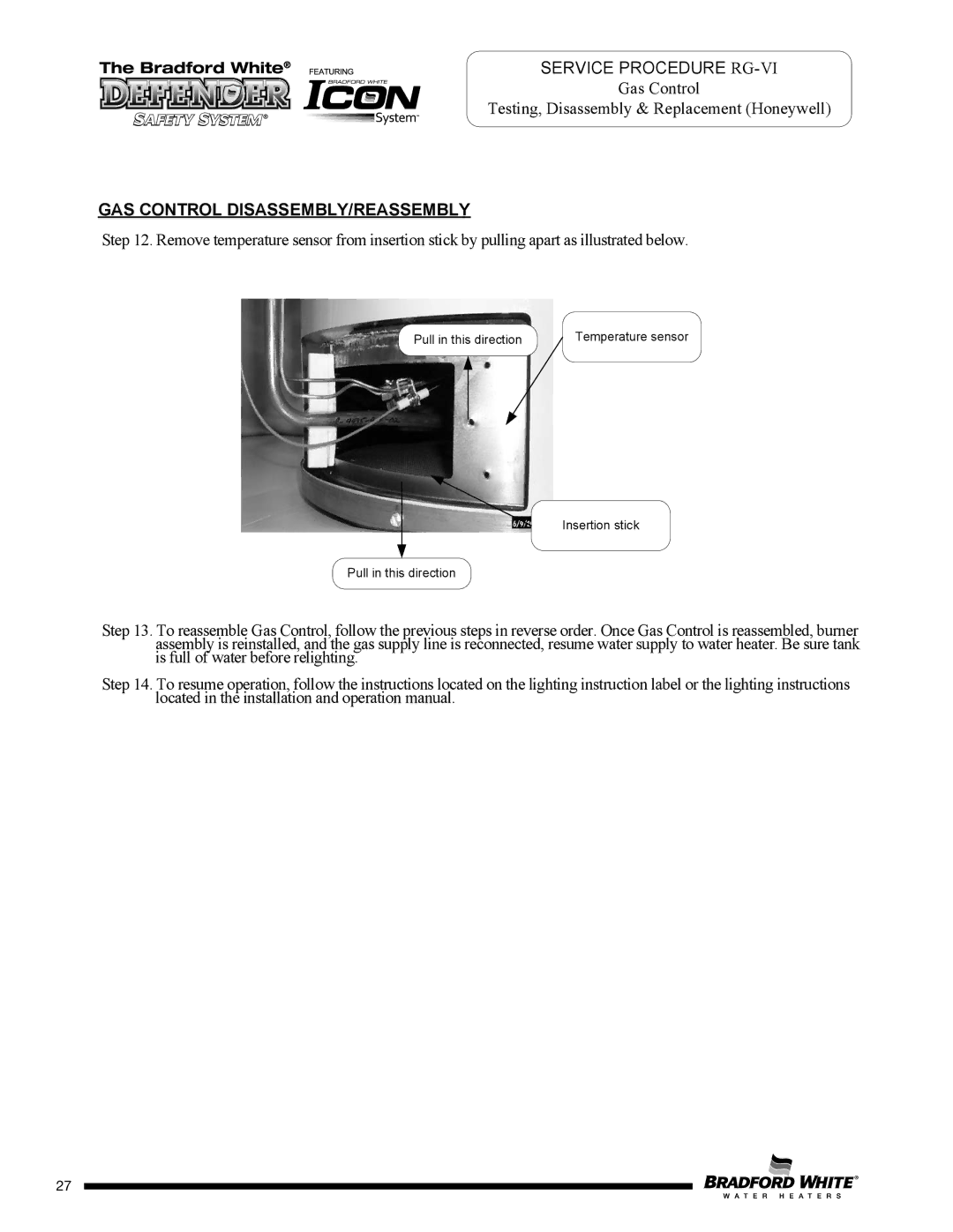 Bradford-White Corp MI30T*F service manual Pull in this direction Temperature sensor Insertion stick 