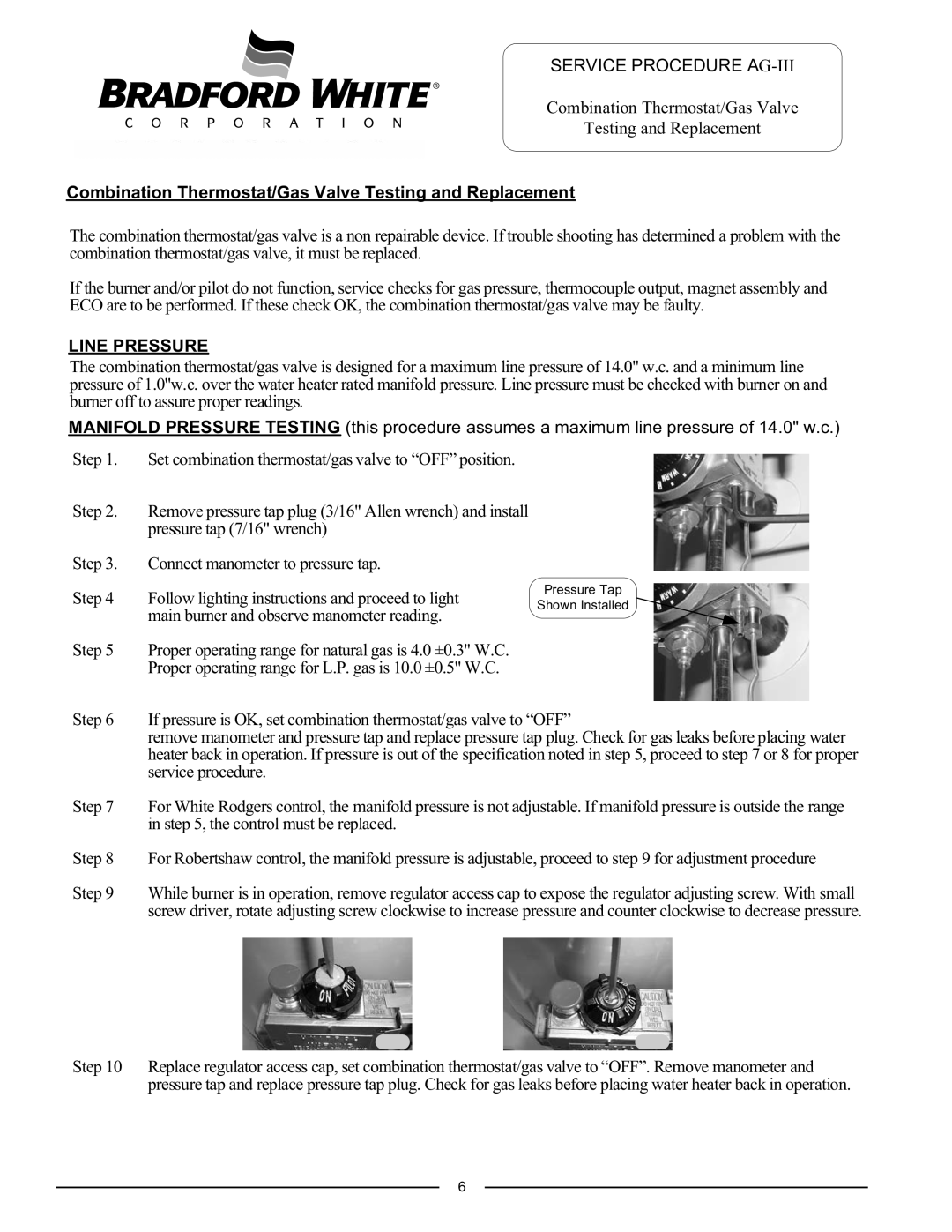 Bradford-White Corp 65T65*(BN, MI75S*(BN, GX155S*BN Combination Thermostat/Gas Valve Testing and Replacement, Line Pressure 