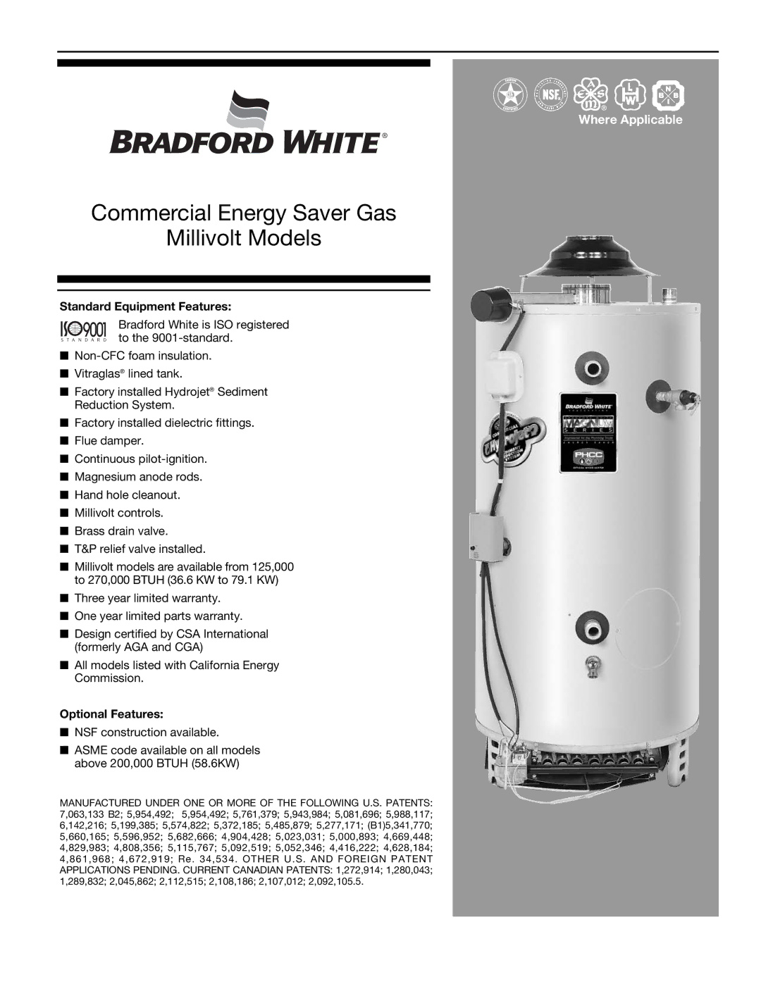 Bradford-White Corp warranty Commercial Energy Saver Gas Millivolt Models 