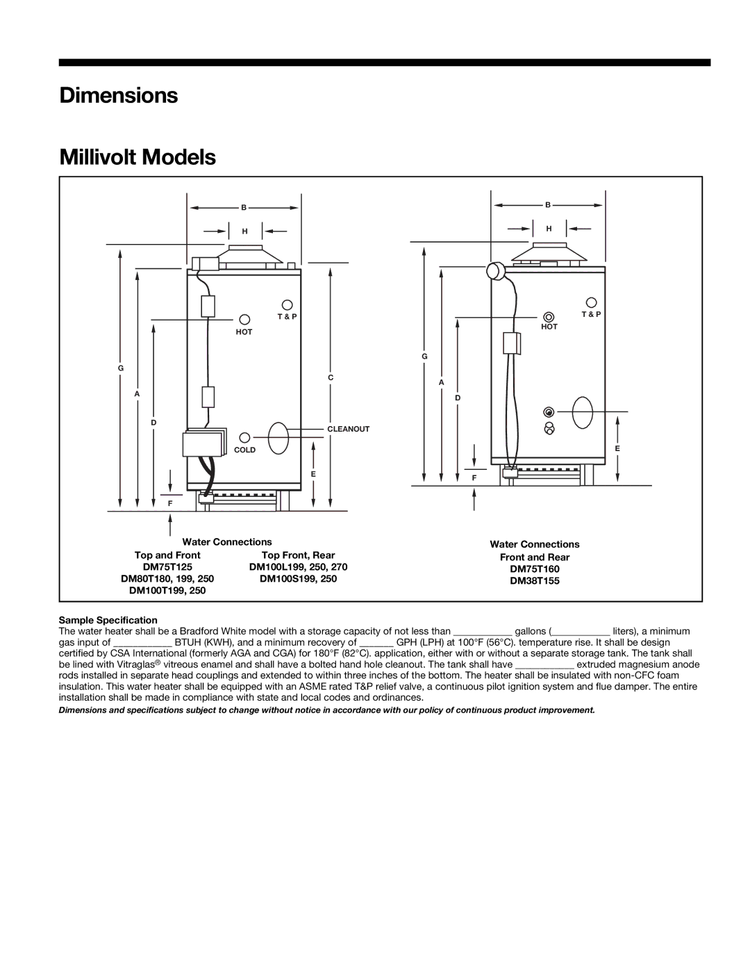 Bradford-White Corp warranty Dimensions Millivolt Models 