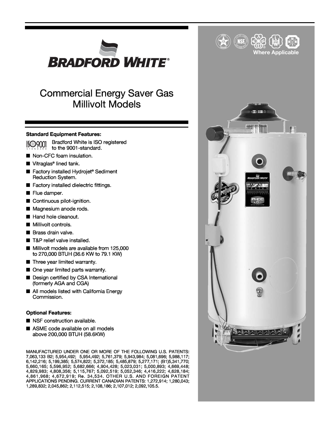 Bradford-White Corp warranty Commercial Energy Saver Gas Millivolt Models, 9001, Where Applicable, Optional Features 